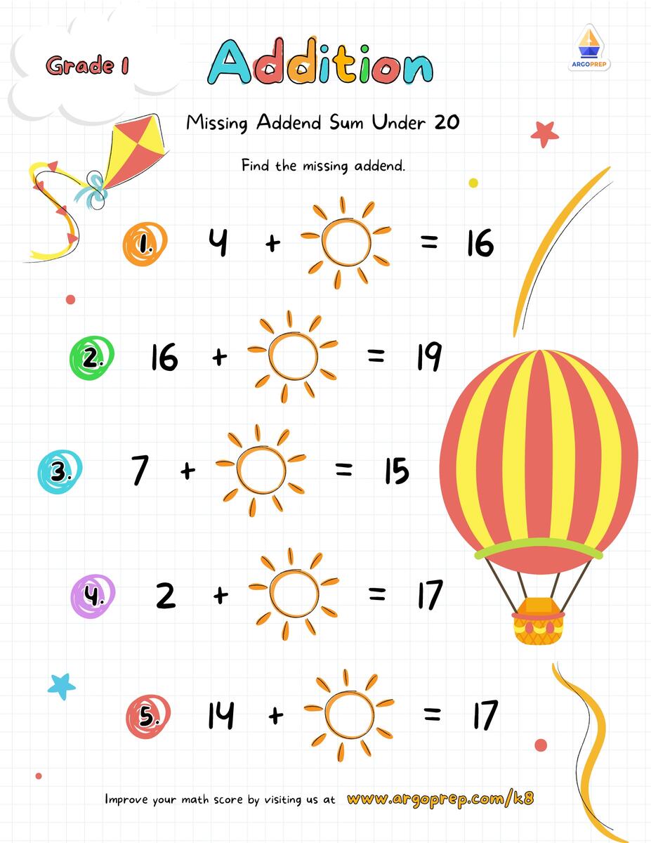 1st Grade Number Lines Missing Addend Sum Under 20 Worksheets For Free ArgoPrep Missing Addends 1 20 Worksheet Math Practice Digital Download Etsy