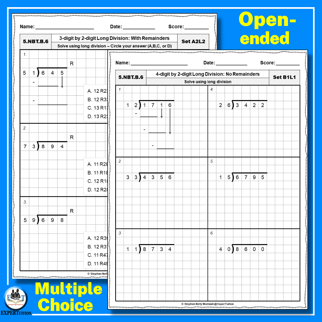 Division With 2 Digits Divisor 2 Digits Quotient 4 Digits Dividends With Remainders Worksheets Ma Made By Teachers