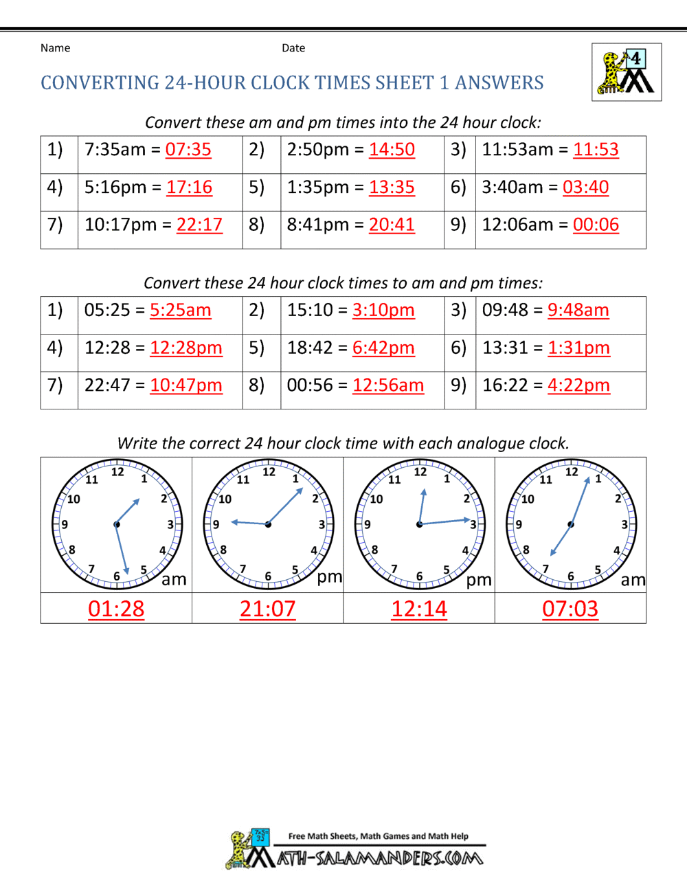 Telling Time Worksheets