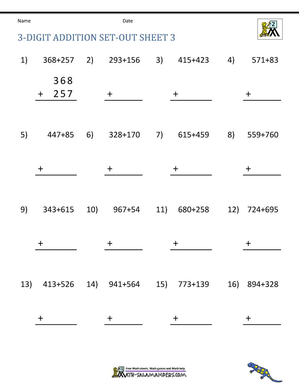 3 Digit Addition Worksheets