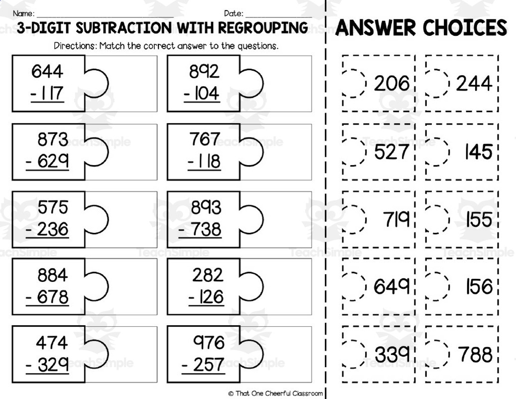 3 Digit Subtraction With Regrouping Matching Worksheet By Teach Simple 3 Digit Subtraction Worksheets Superstar Worksheets