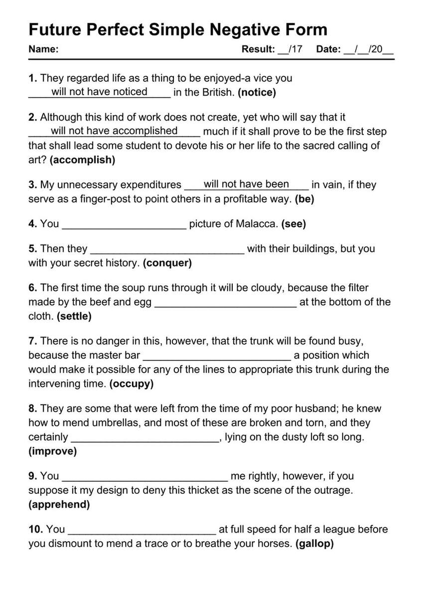 4 Future Perfect Negative PDF Worksheets With Answers Grammarism