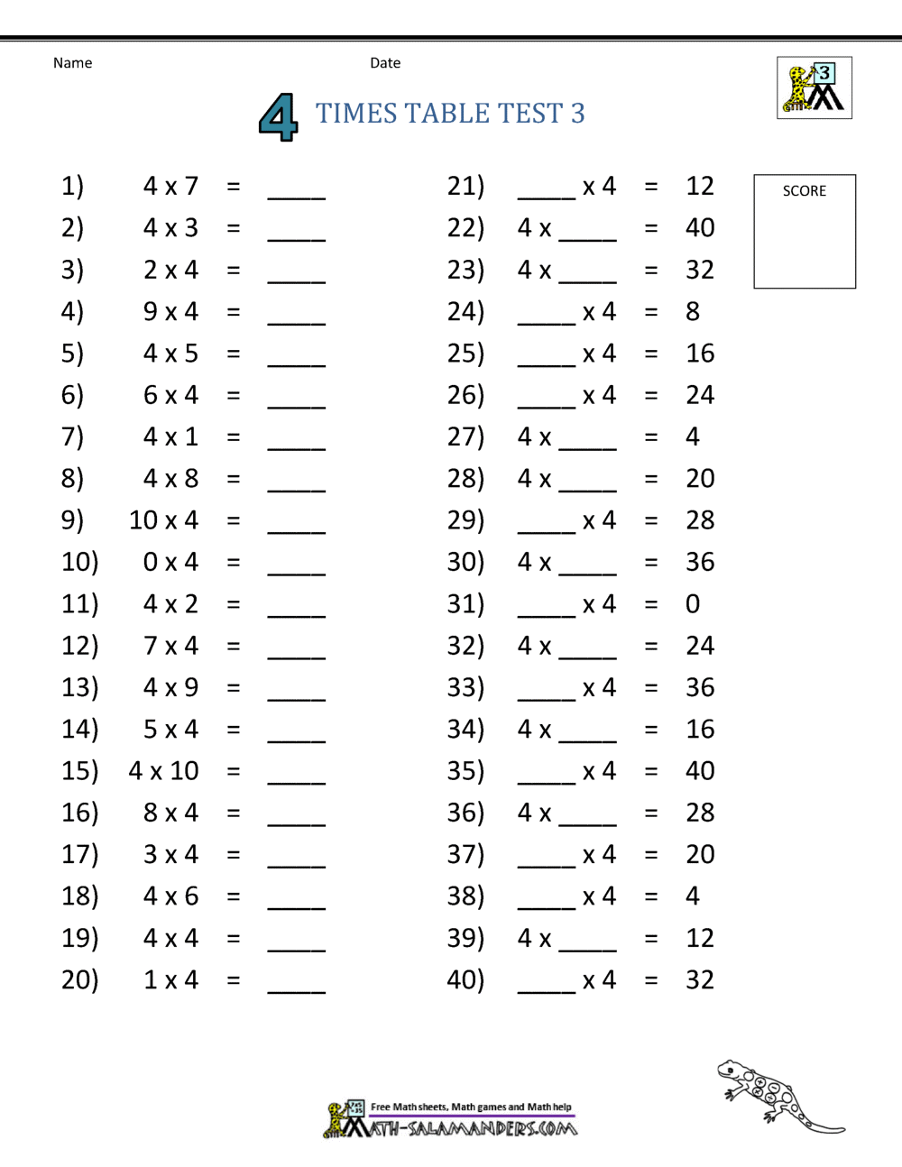 4 Times Table Worksheet Page