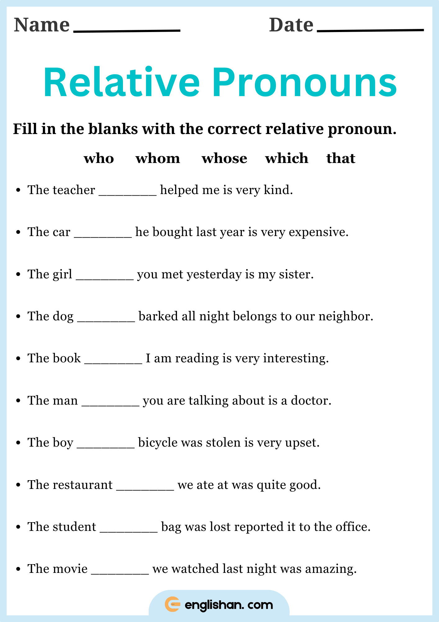 5 Printable Relative Pronouns Worksheets With Answers Englishan Guardian Angel Prayer Lesson Made By Teachers