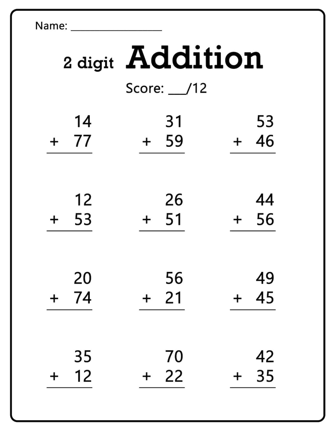 50 Two Digit Addition Worksheets Printable Math Worksheets 10 99 Numbers Etsy