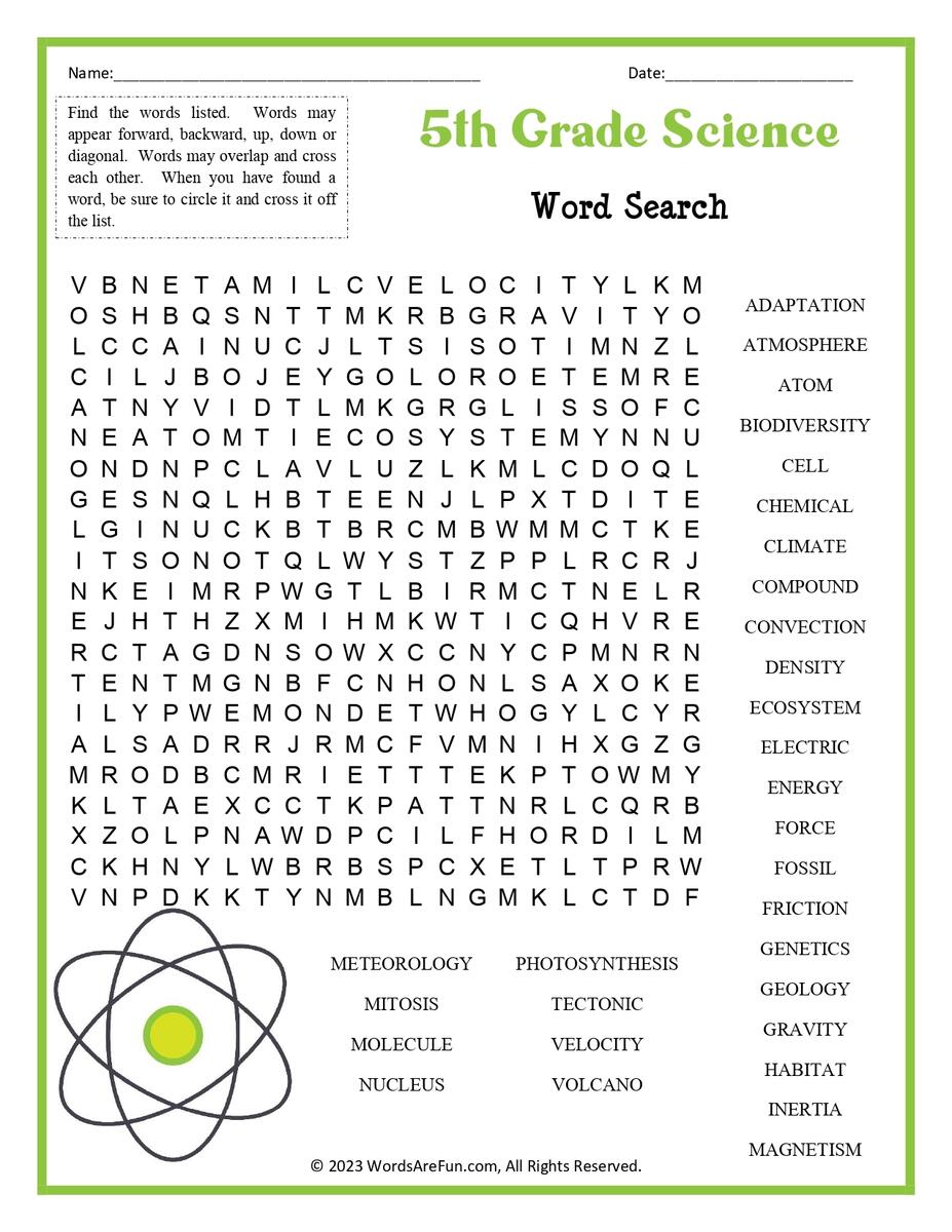 5th Grade Science Word Search 5th Grade Science Word Search