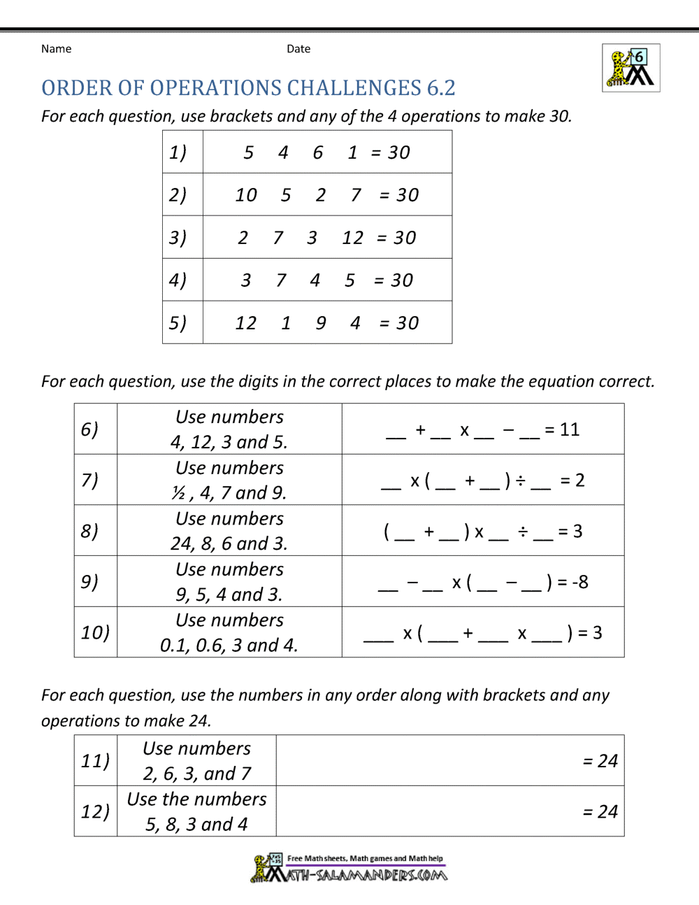 6th Grade Order Of Operations Worksheets PEMDAS Problems Order Of Operations Worksheets Basic With Parentheses Made By Teachers