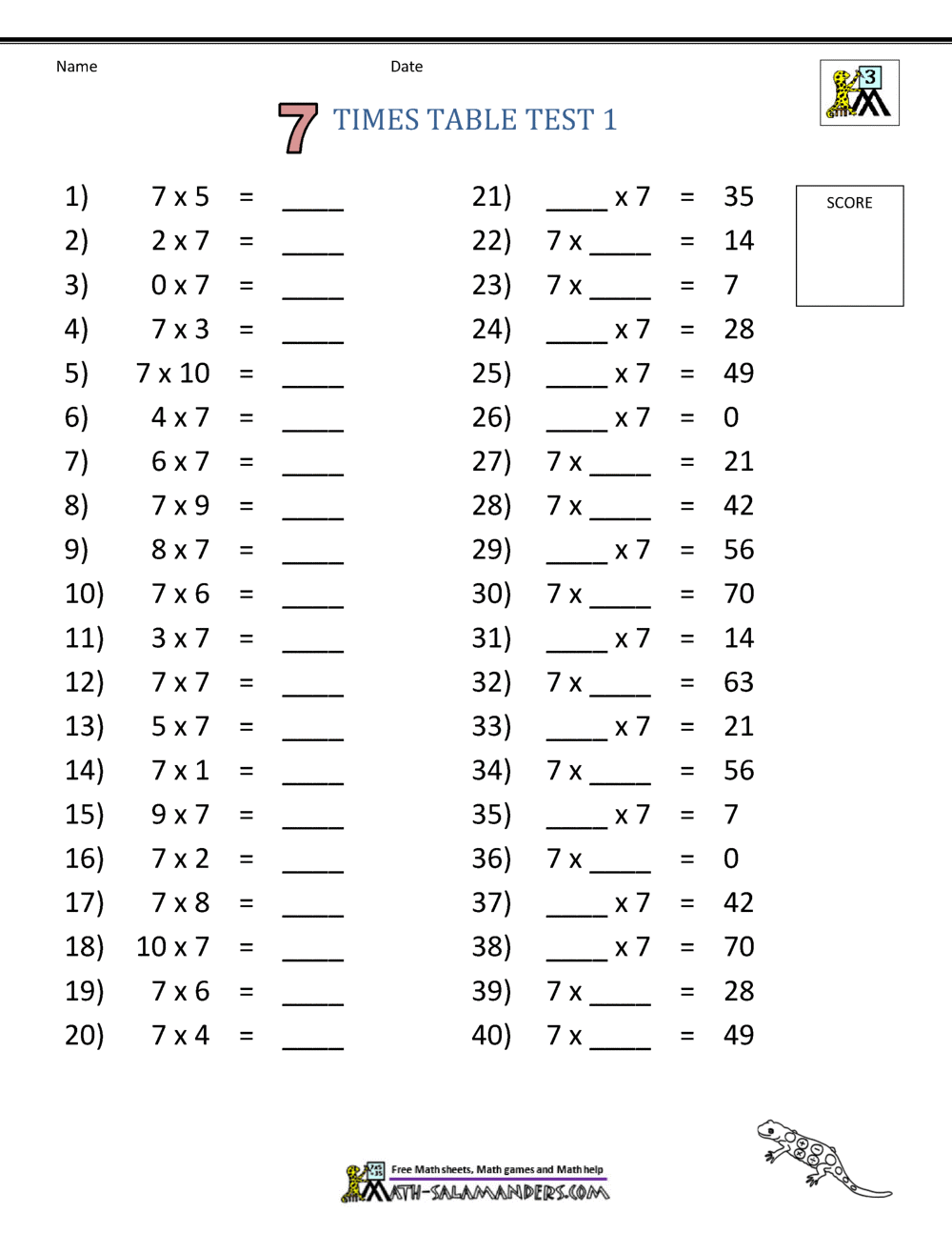 7 Times Table Worksheet Page 7 Times Table