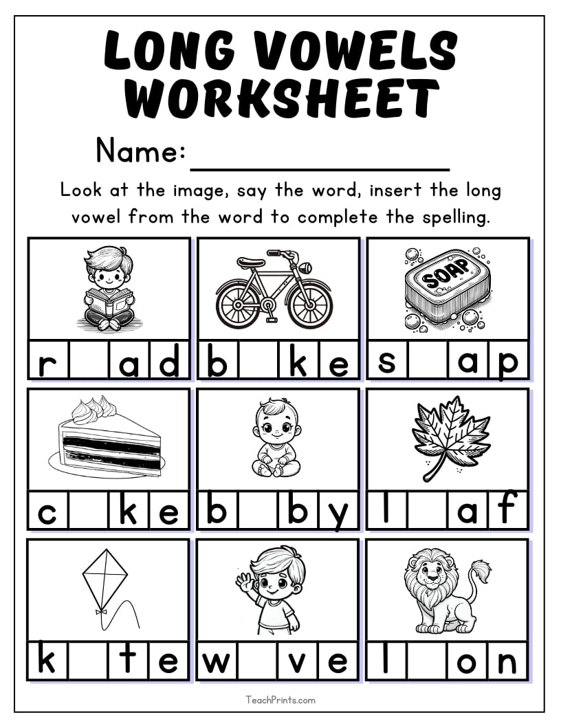 8 Long Vowel Worksheets Free PDF Printables Teach Prints 10 Printable Long Vowel Words Worksheets 1st 2nd Grade ELA Worksheets Etsy