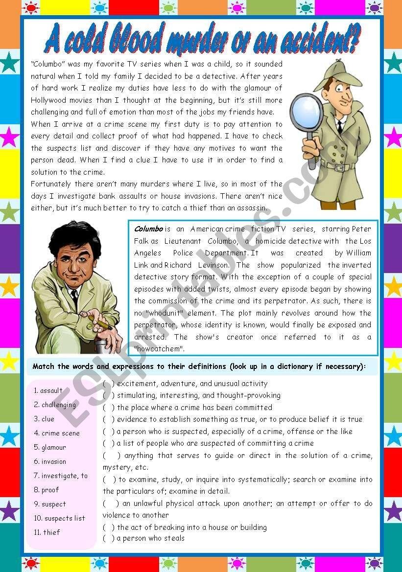 A Cold Blood Murder Or An Accident Crime Vocabulary Comprehension 4 Tasks KEYS INCLUDED 4 Pages editable ESL Worksheet By Zailda