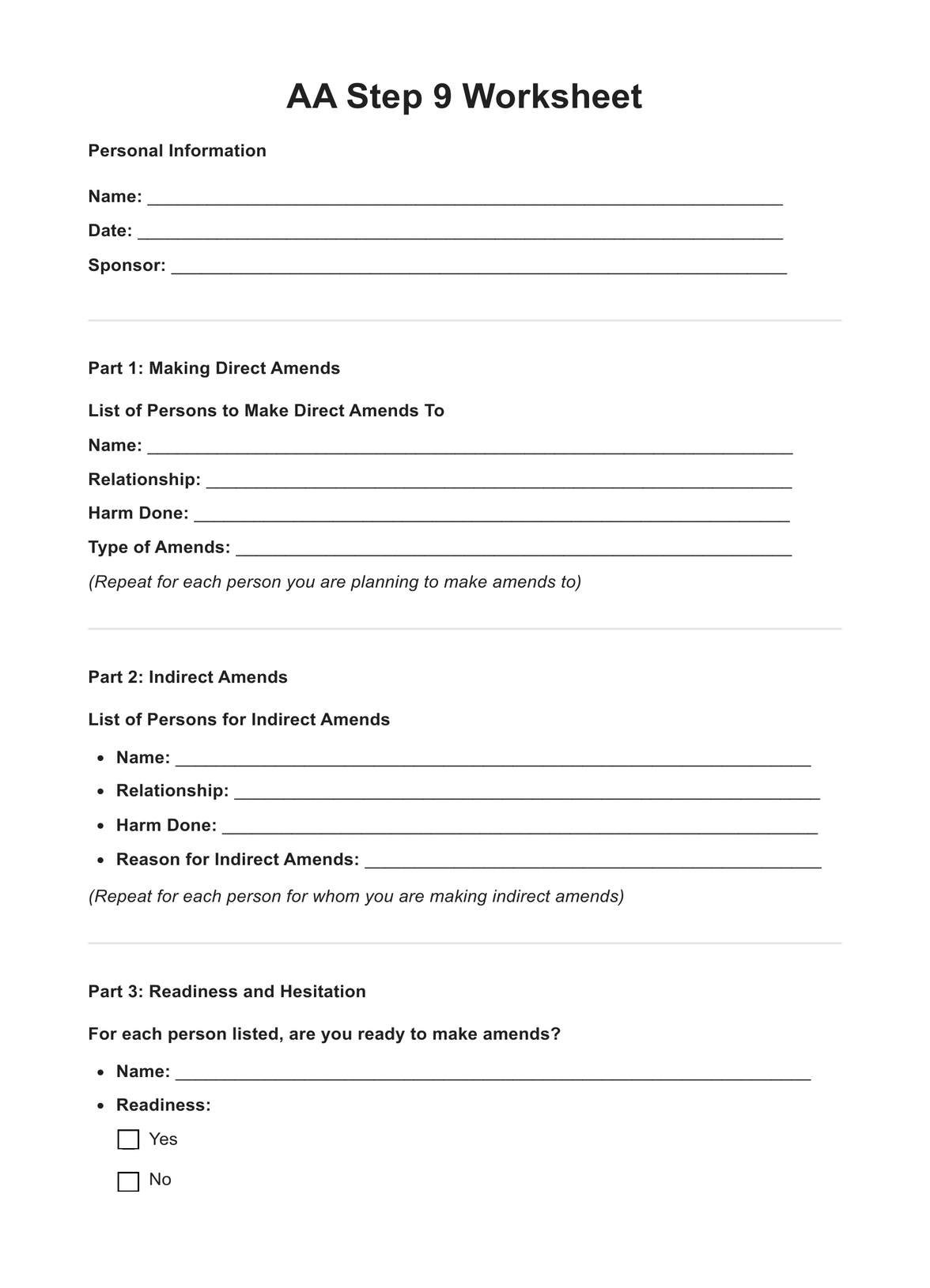 AA Step 9 Worksheets AA Step 9 Worksheets