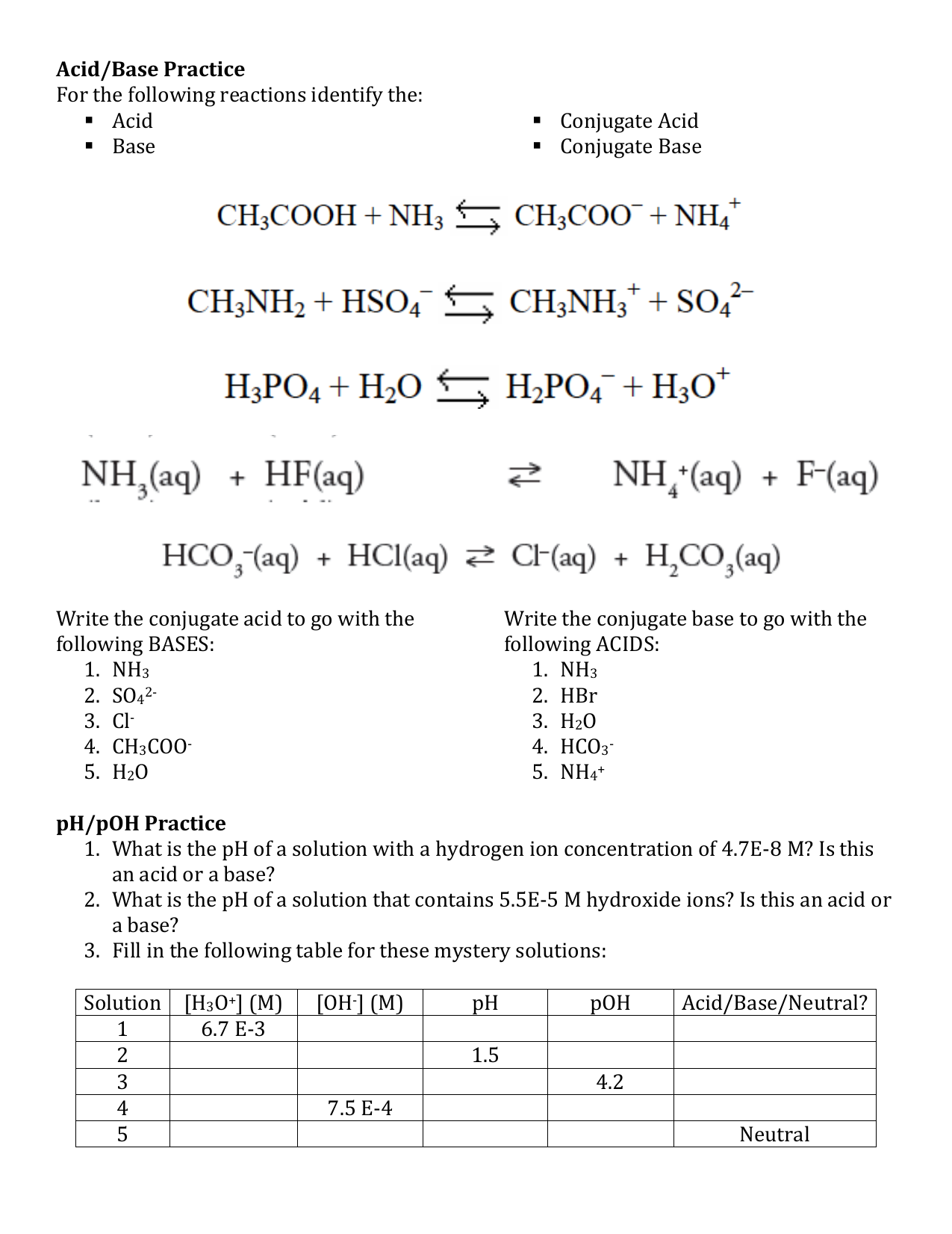 Acid Base PH Practice Worksheet Acid Base Matching Worksheet WordMint