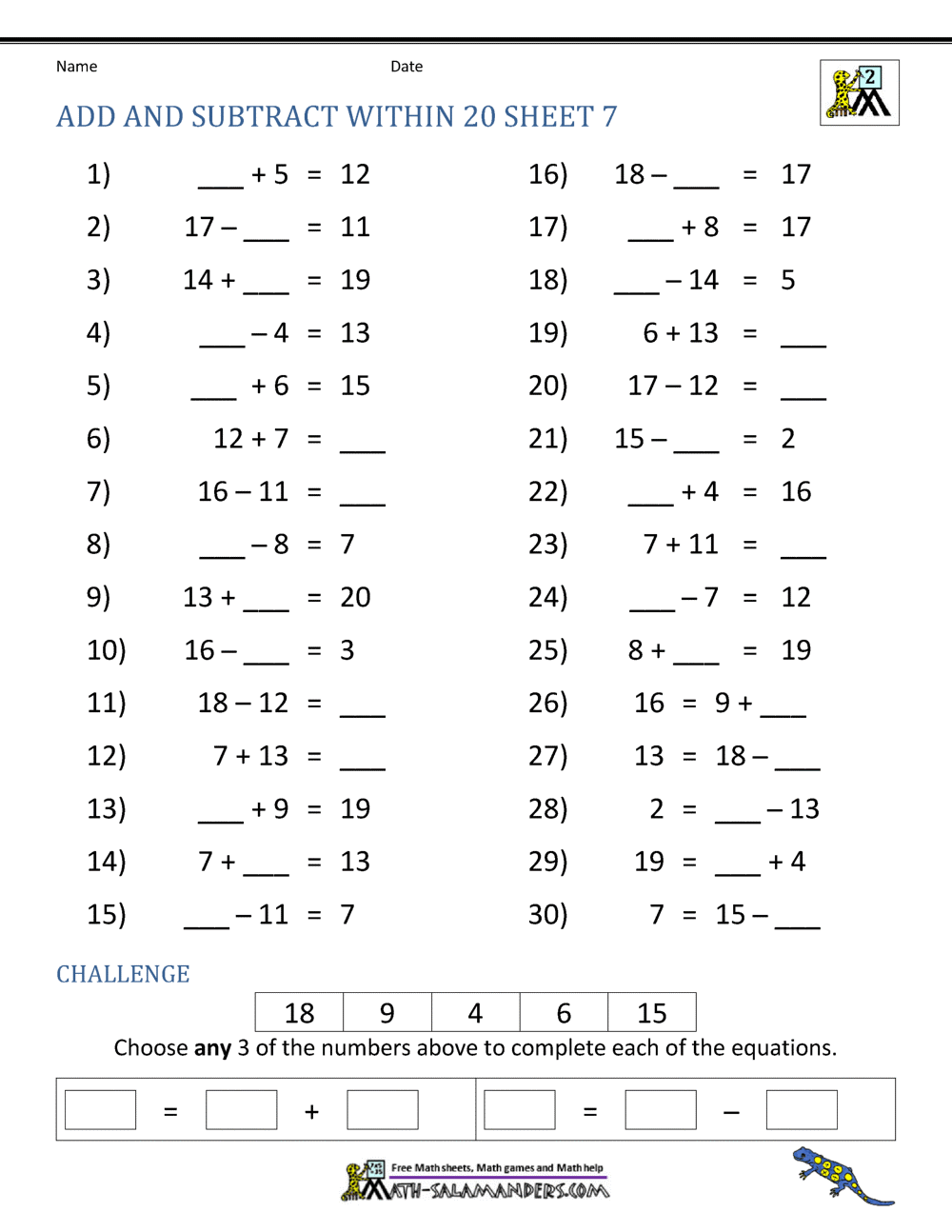 Add And Subtract Within 20 Add And Subtract Within 20