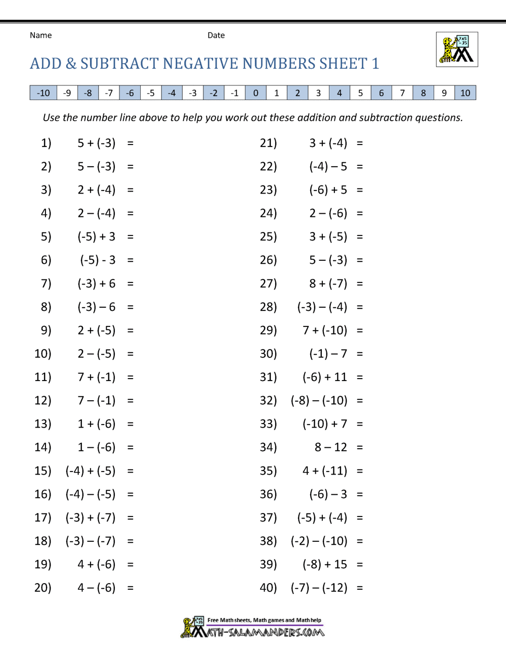 Adding And Subtracting Negative Numbers Practice Negative Number And Addition And Subtraction Worksheet Printable PDF Worksheets