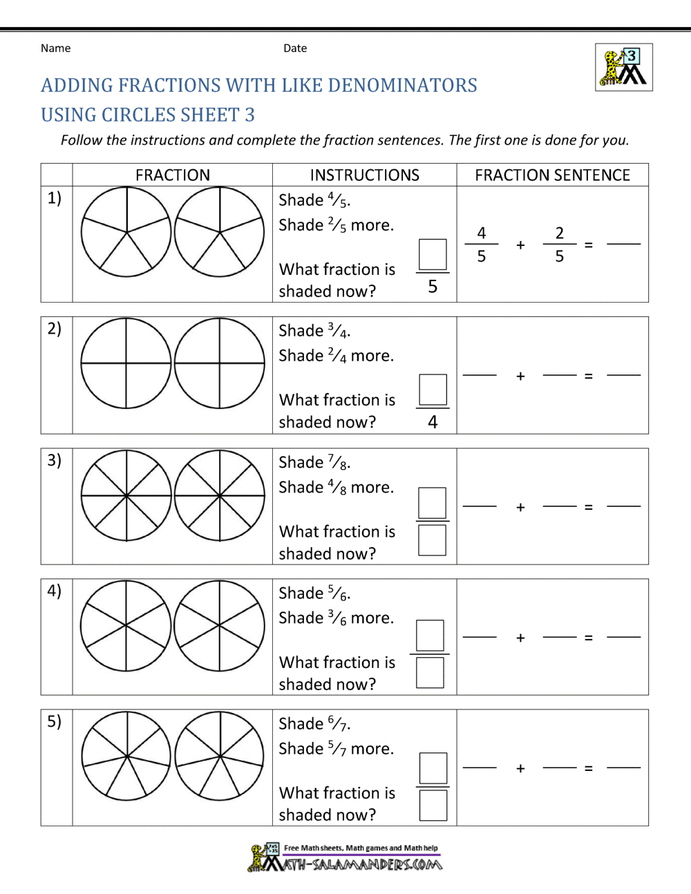 Adding Fractions With Like Denominators Worksheets Adding Fractions With Like Denominators Worksheets