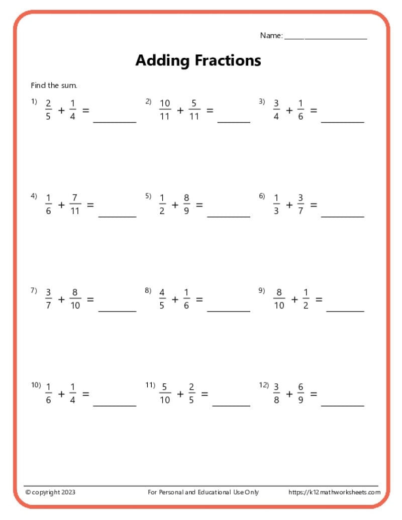 Adding Fractions With Unlike Denominators Worksheets Multiplying Fractions Worksheets