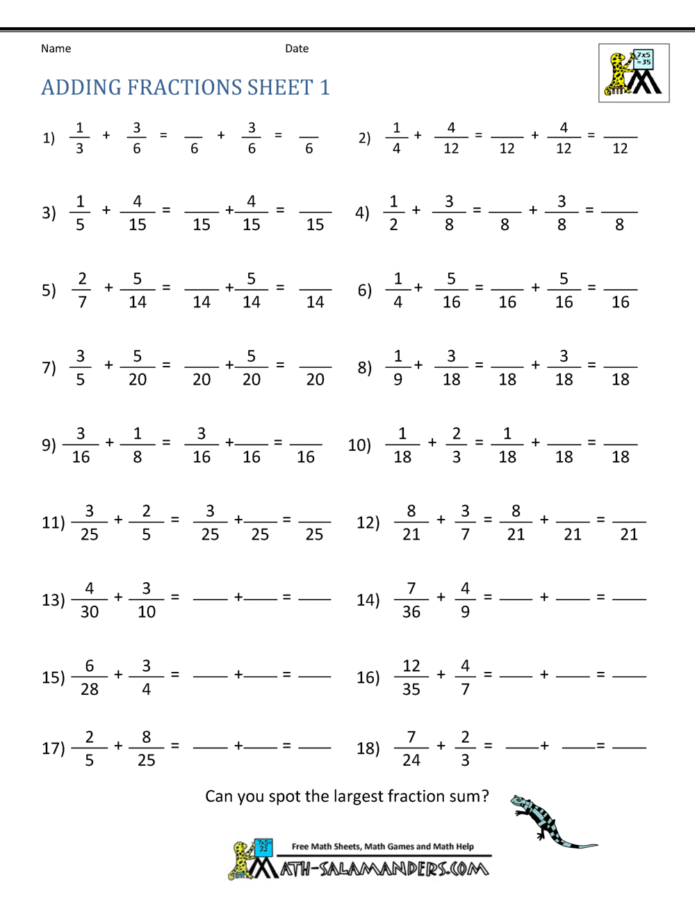 Adding Fractions Worksheets Adding Fractions Worksheets