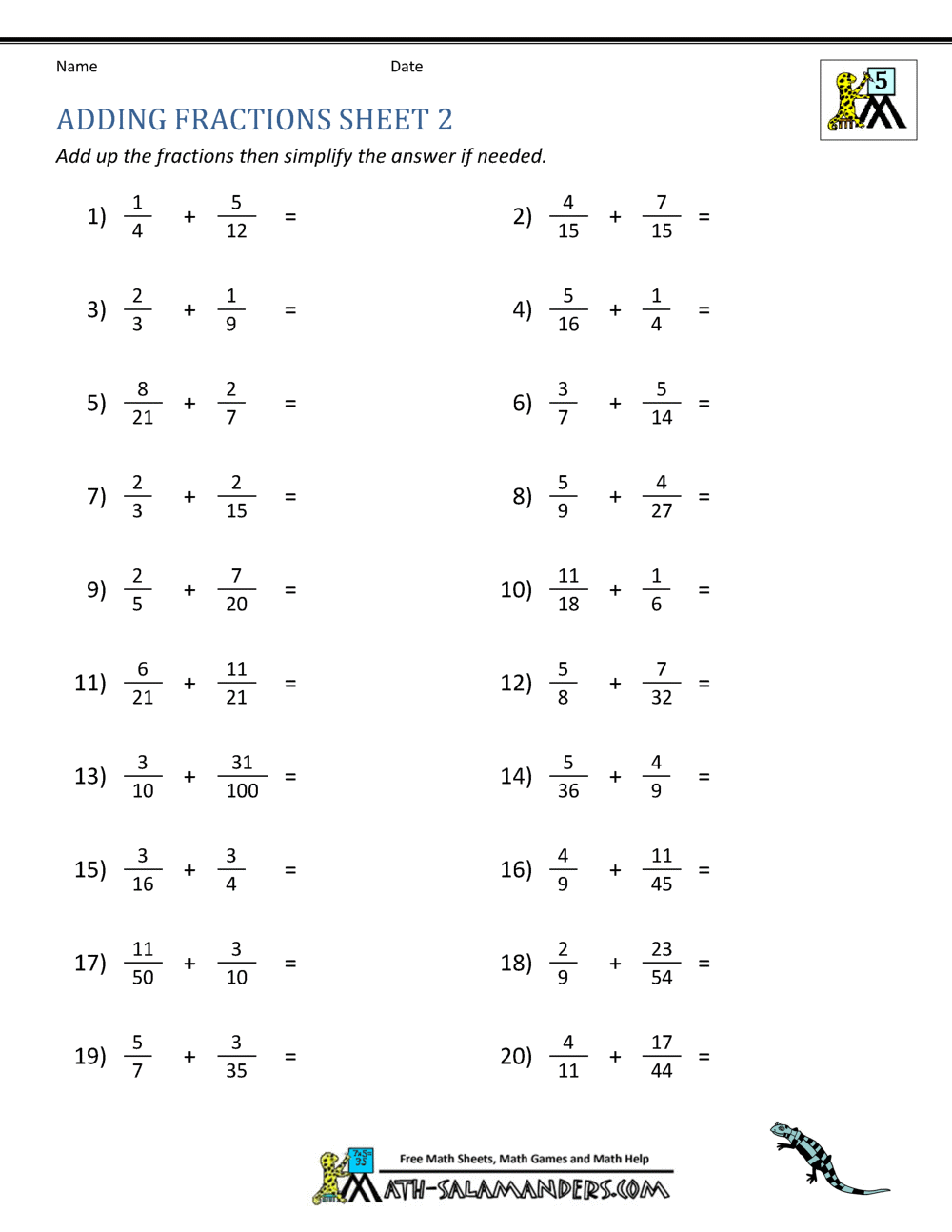 Adding Fractions Worksheets Adding Fractions Worksheets