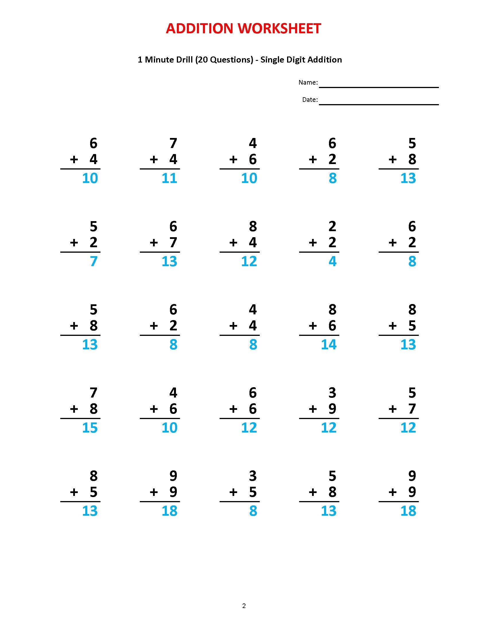 Addition 1 Minute Drill 10 Math Worksheets PDF Etsy Addition 1 Minute Drill 10 Math Worksheets PDF Etsy