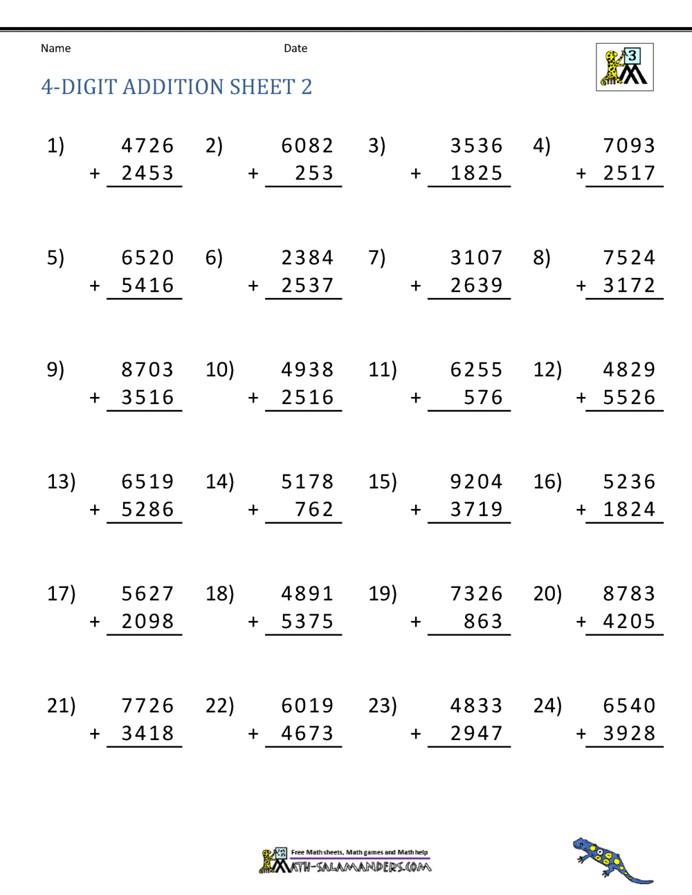 Addition 4 Digit Worksheets 3rd Grade 4 Digits Addition With 4 Addends With Without Regrouping Worksheets Math Problems Teaching Resources