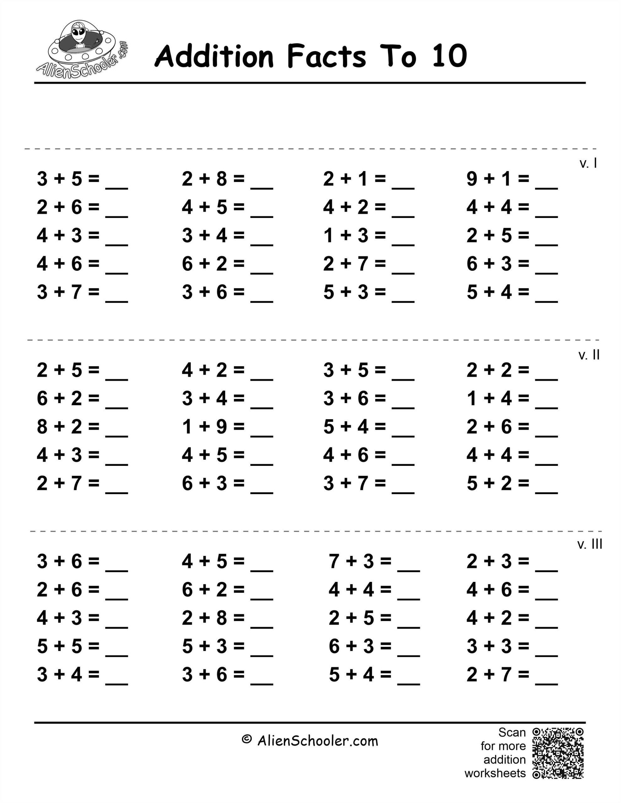 Addition Facts To 10 Worksheet 2 PDF Alien Schooler