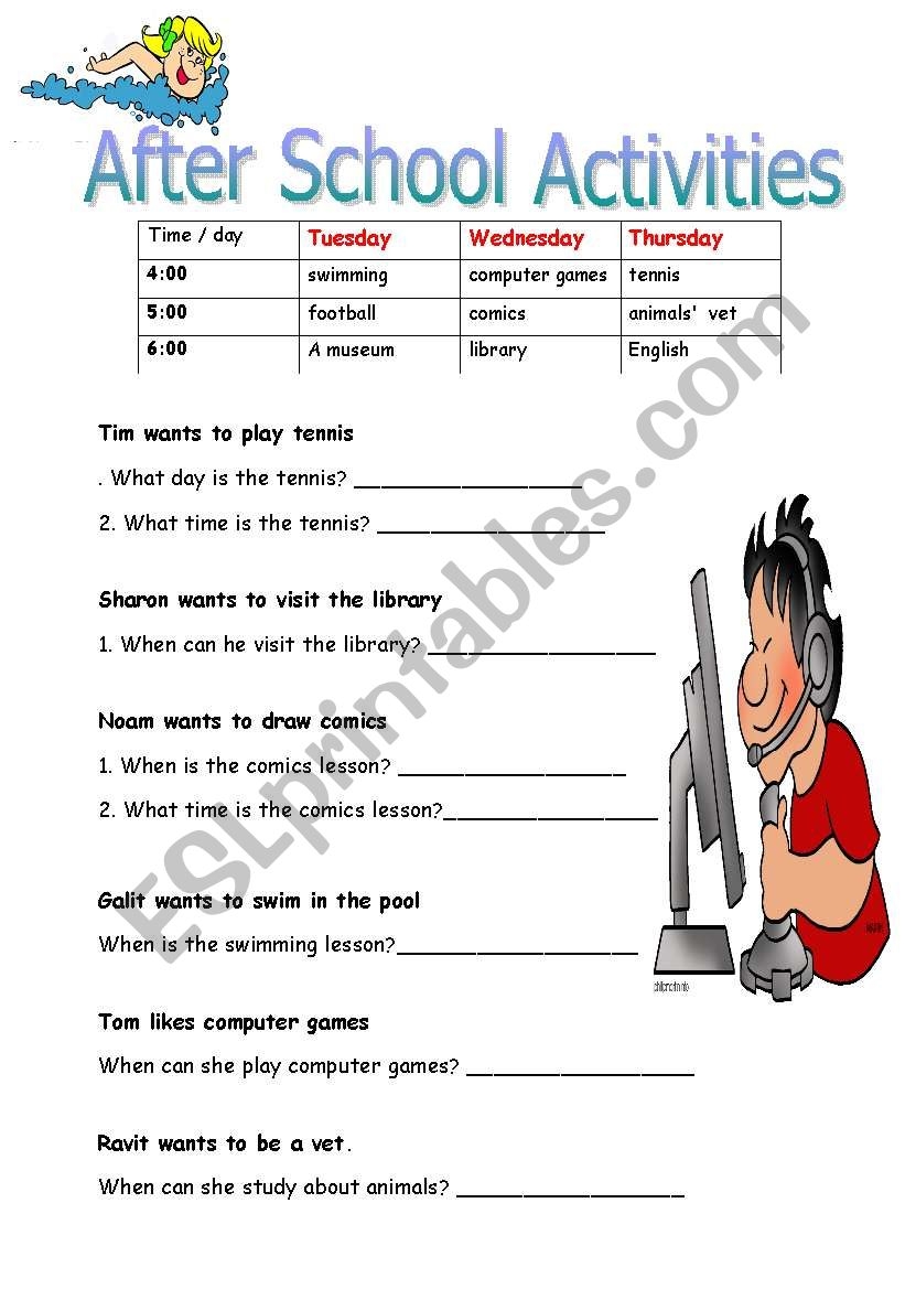 After School Activities ESL Worksheet By Orlyar1