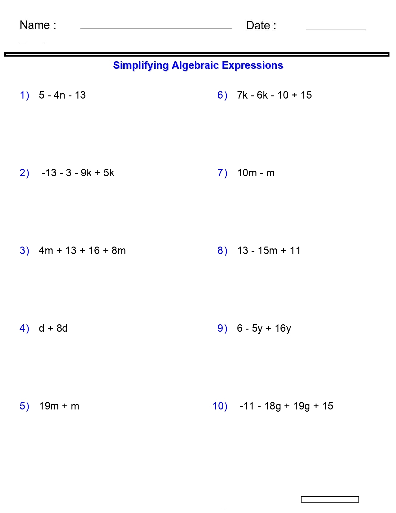 Algebraic Expressions Worksheets Simplifying Variables Worksheets 2 3 4Terms Made By Teachers Simplifying Variables Worksheets Addition And Subtraction 2 Terms Algebraic Made By Teachers
