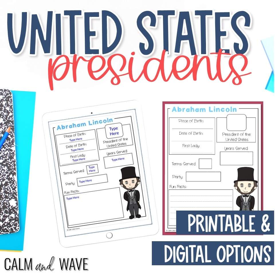 All United States President Fact Worksheets Free Printable Digital Resource Homeschool Unit Study Calm Wave Presidents Day Worksheet Free Printable Digital PDF