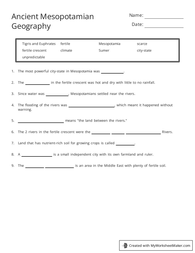 Ancient Mesopotamian Geography My Worksheet Maker Create Your Own Worksheets