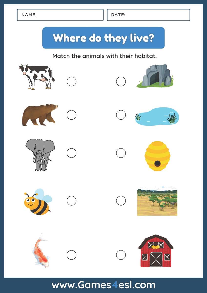 Animals And Habitats Free PDF Worksheets For Kids Games4esl Printable Match The Animal To Its Habitat Worksheet For Kindergarten Made By Teachers