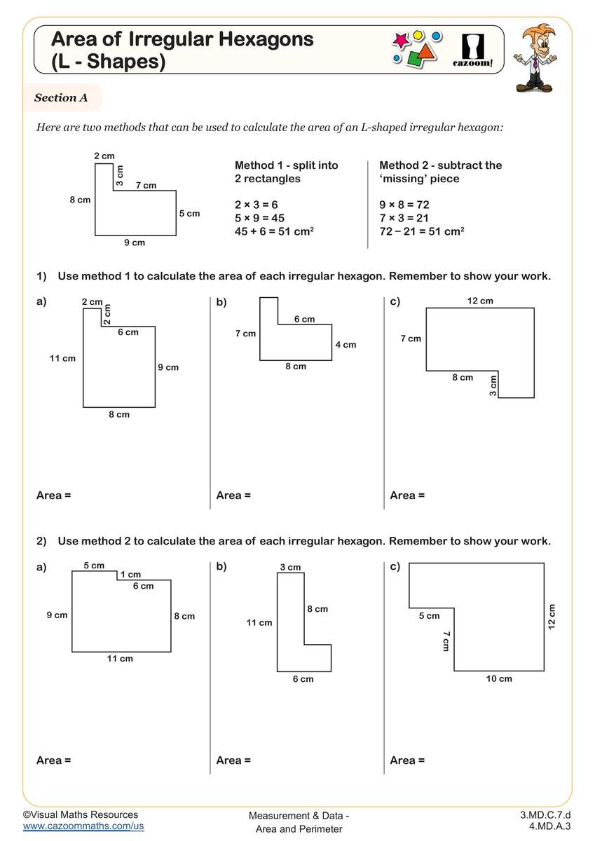 Area Of Irregular Hexagons L Shapes Worksheet Fun And Engaging 3rd Grade And 4th Grade Worksheet Cazoom Math
