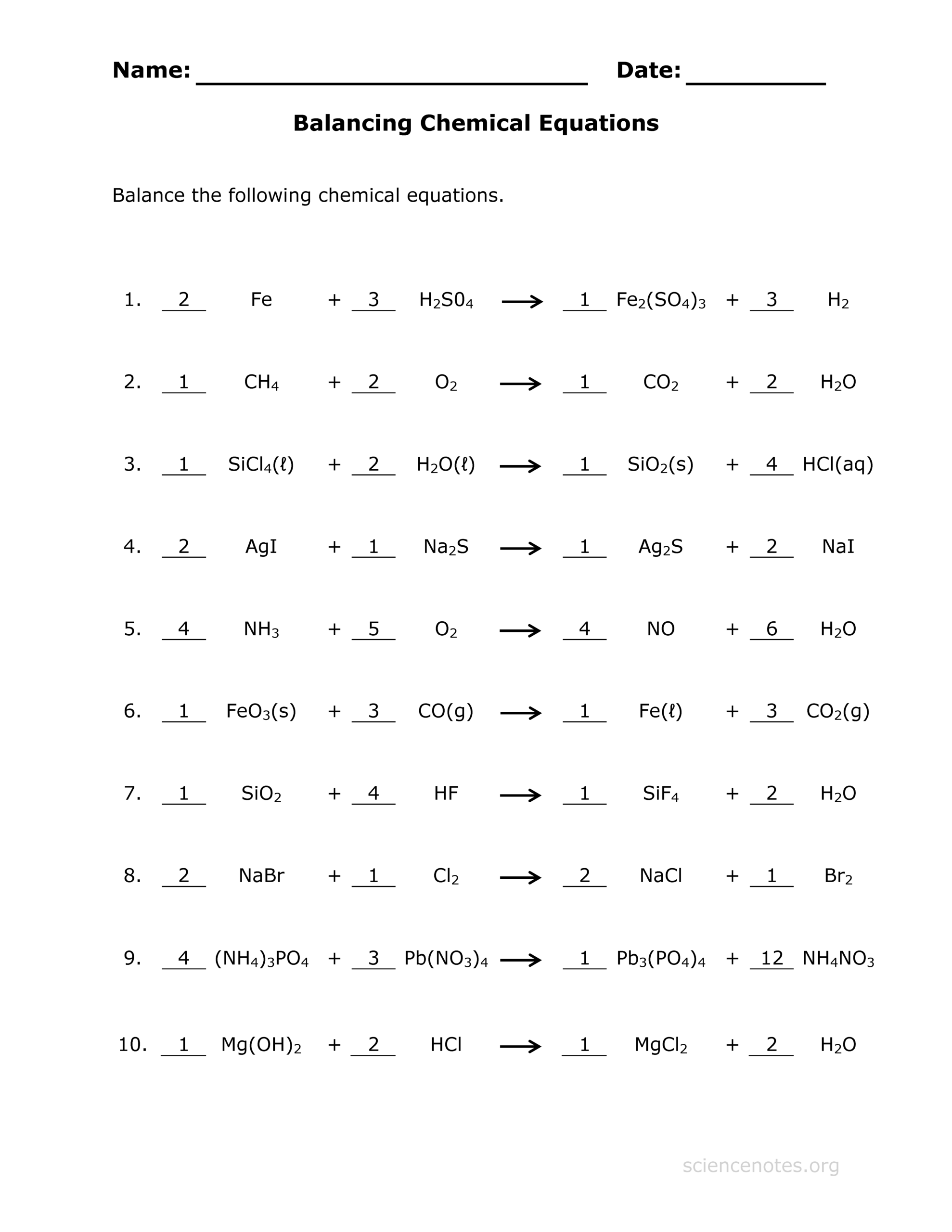 Balancing Chemical Equations Worksheet 49 Balancing Chemical Equations Worksheets With Answers