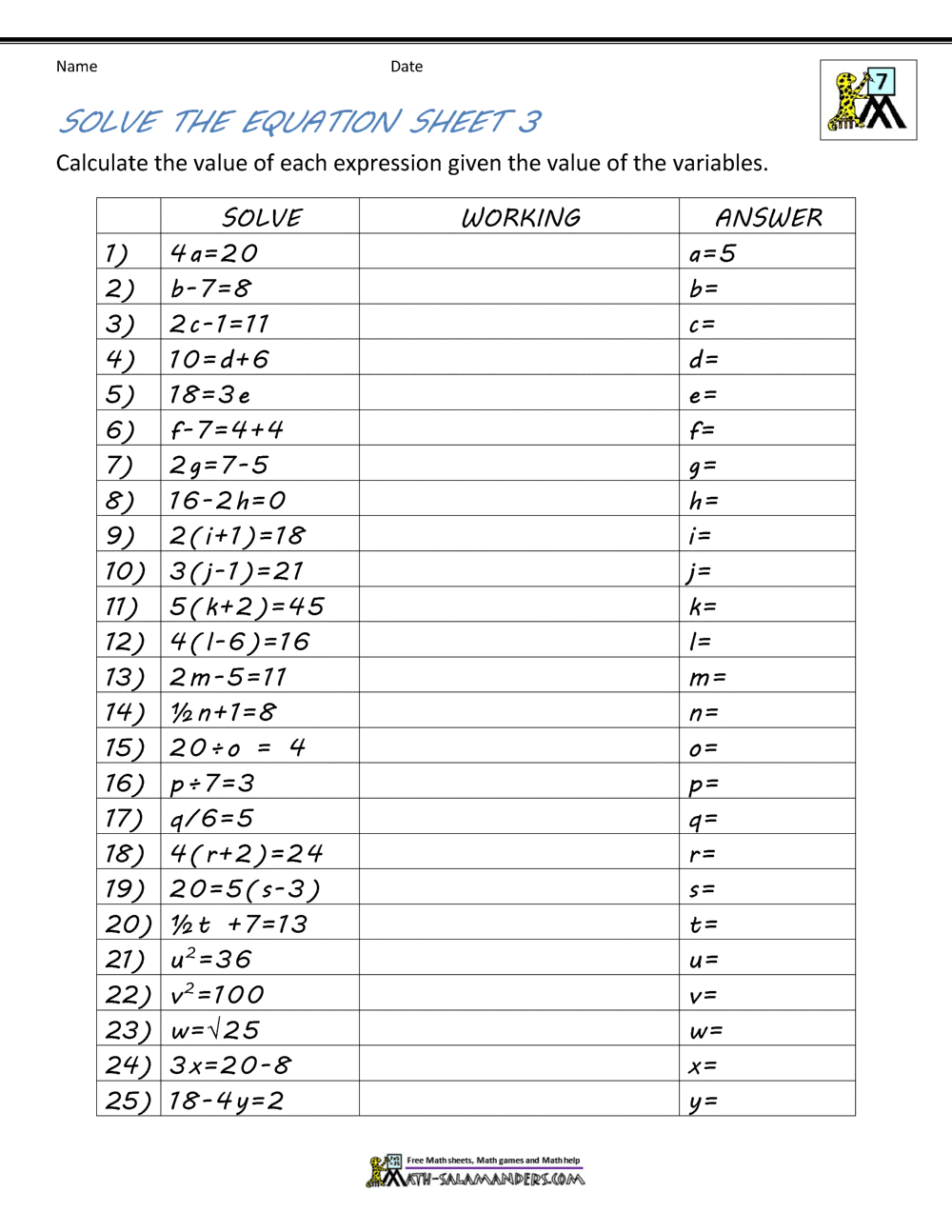 Basic Algebra Worksheets Algebra 1 Worksheets Easy Hard Science
