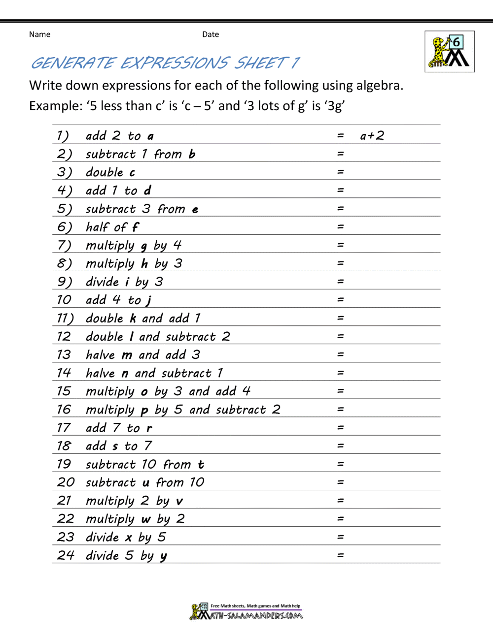 Basic Algebra Worksheets Basic Algebra Worksheets