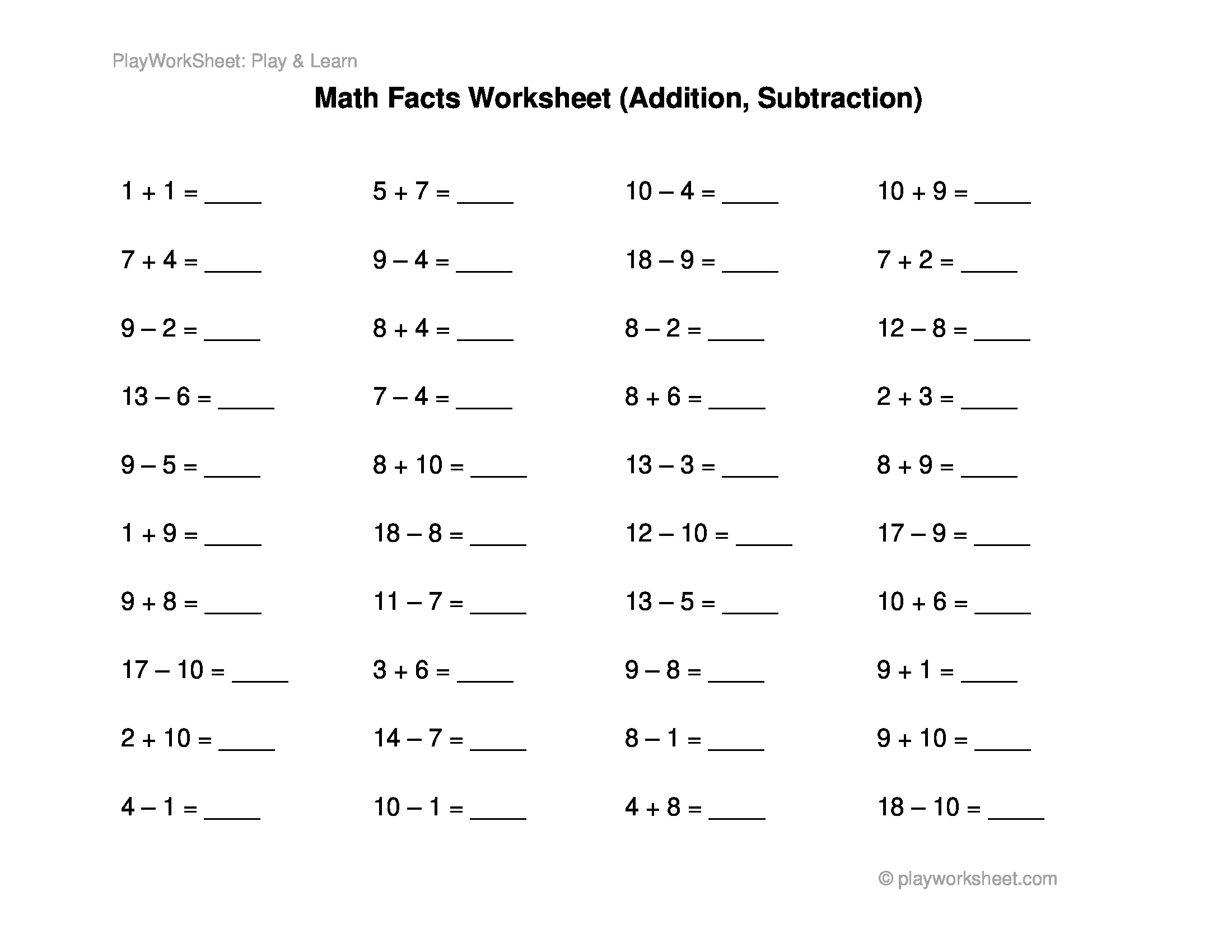 Basic Math Facts Worksheet Addition And Subtraction Free Printables For Kids