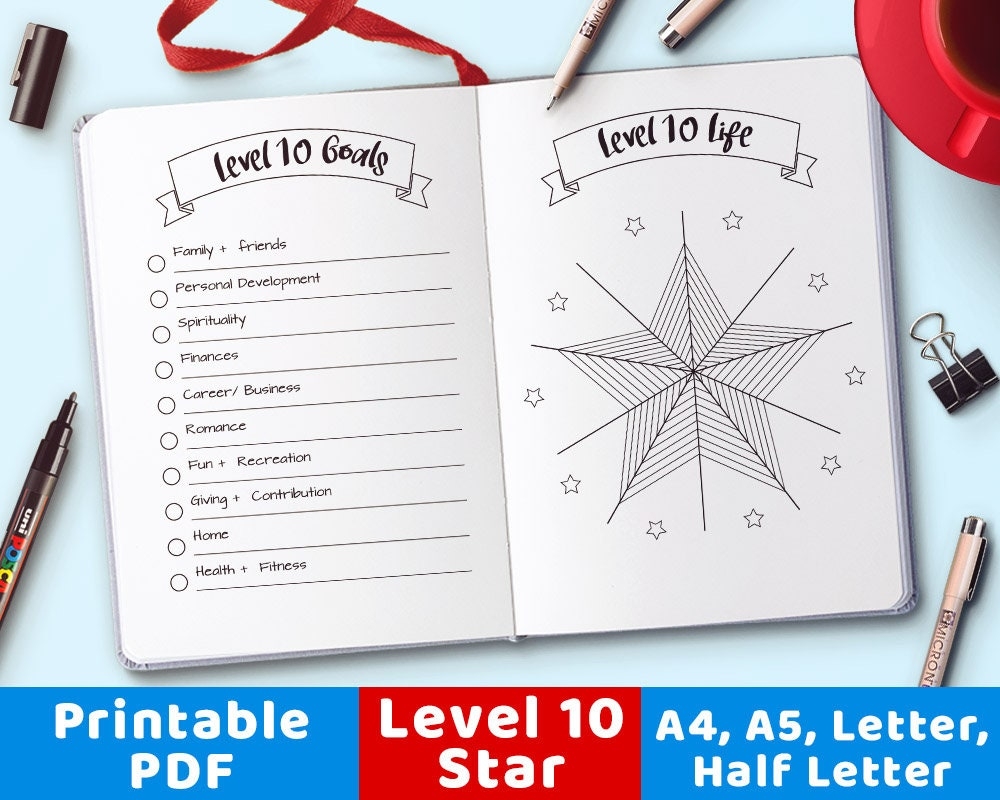 Bujo Journal Level 10 Life Printable Star Printable Level 10 Life Goals Level 10 Wheel Of Life Printable Level 10 Life Template PDF Etsy