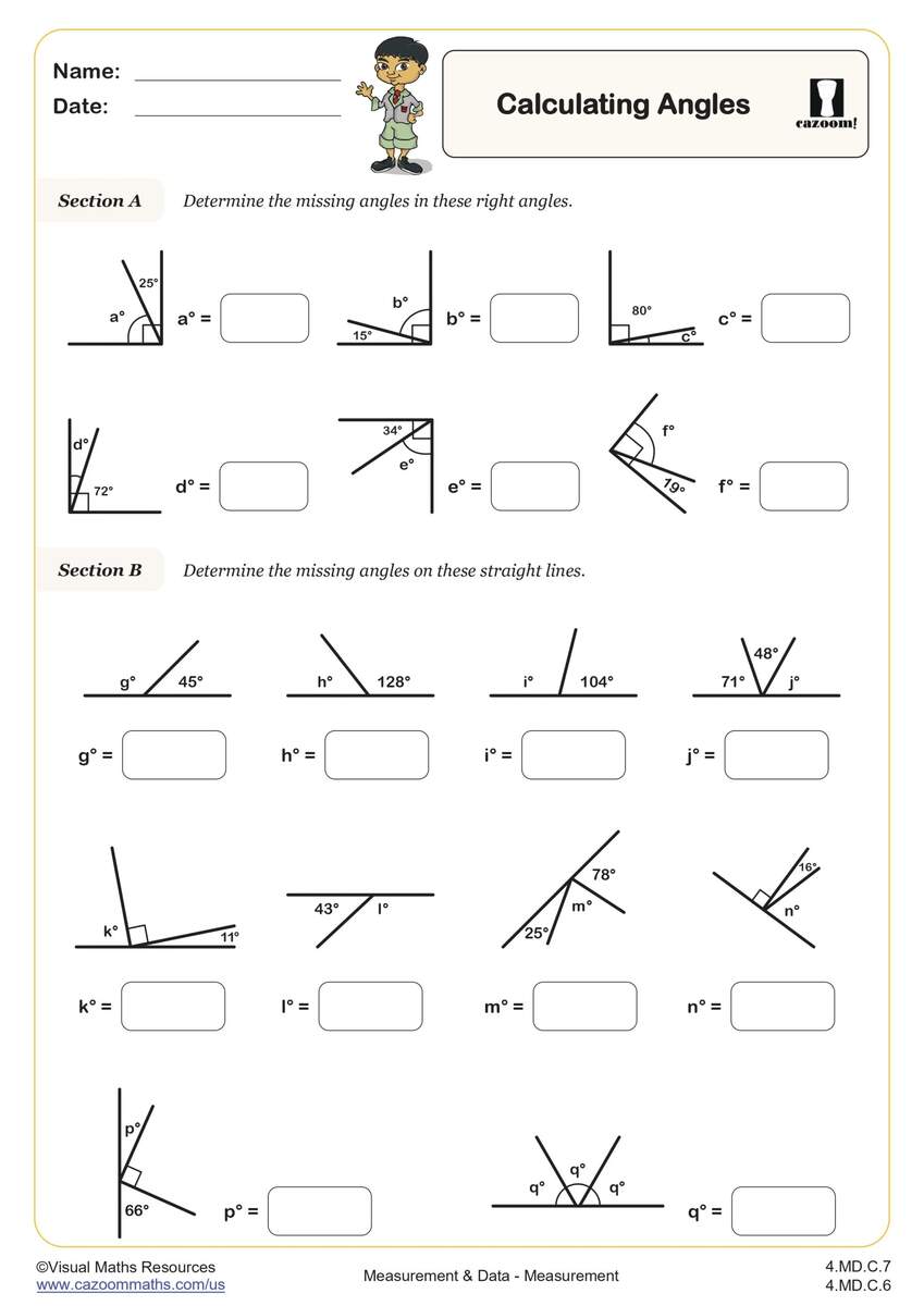 Calculating Angles A 4th Grade PDF Measurement And Data Worksheets Cazoom Math