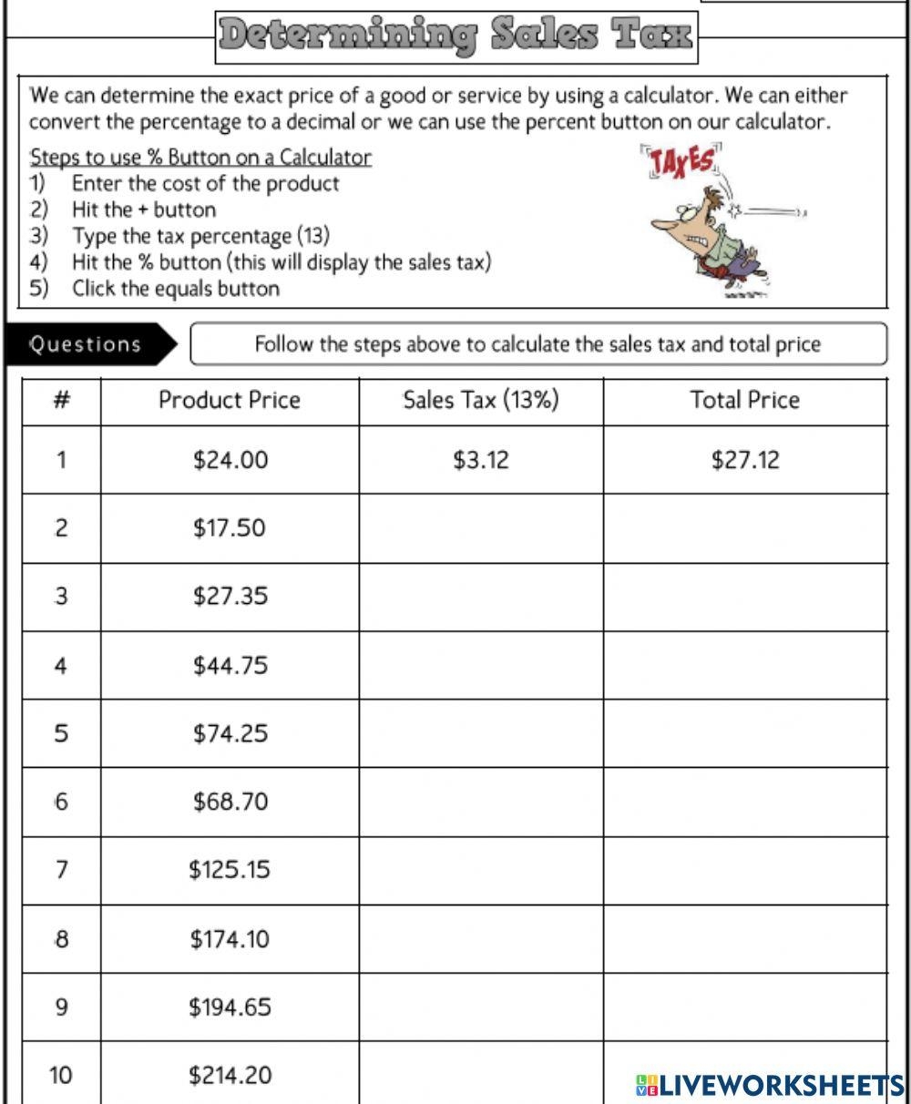 Calculating Sales Tax With A Calculator Online Exercise For Live Worksheets Library Calculating Sales Tax With A Calculator Online Exercise For Live Worksheets Library