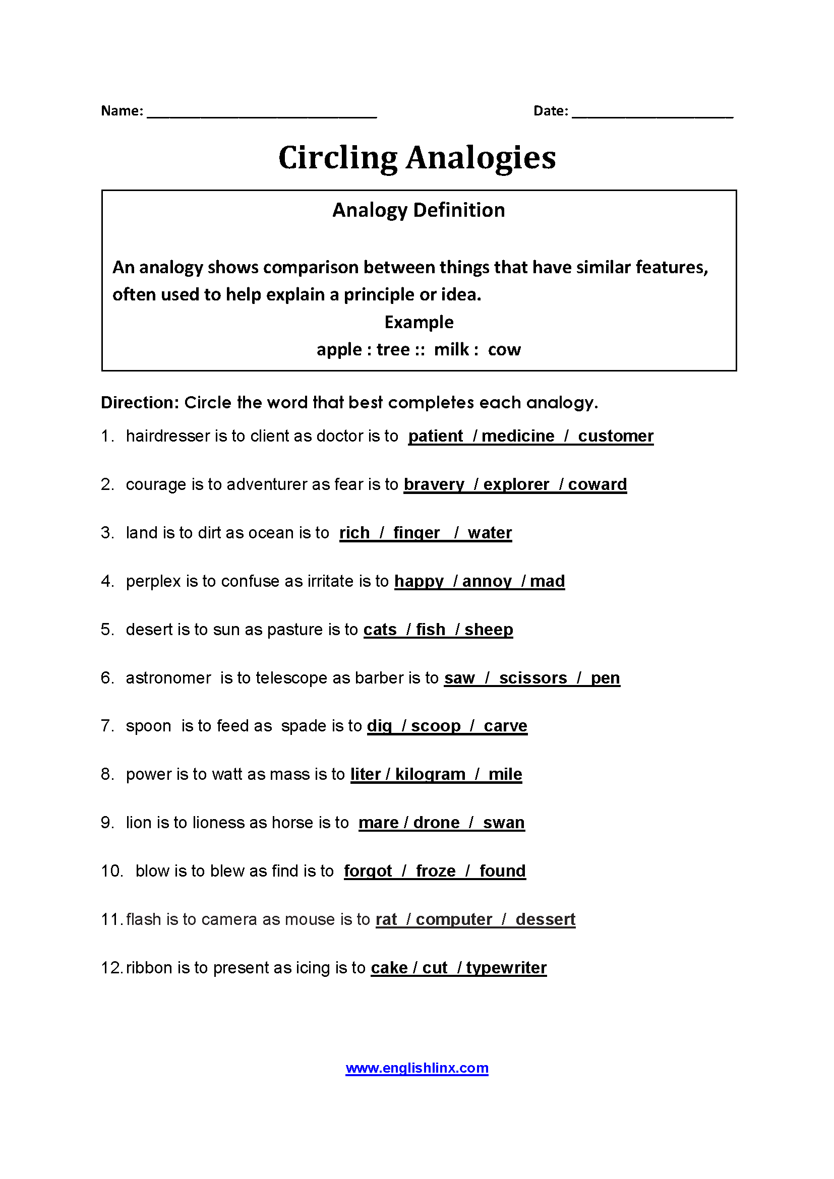Circling Analogies Word Relationship Worksheet Practice