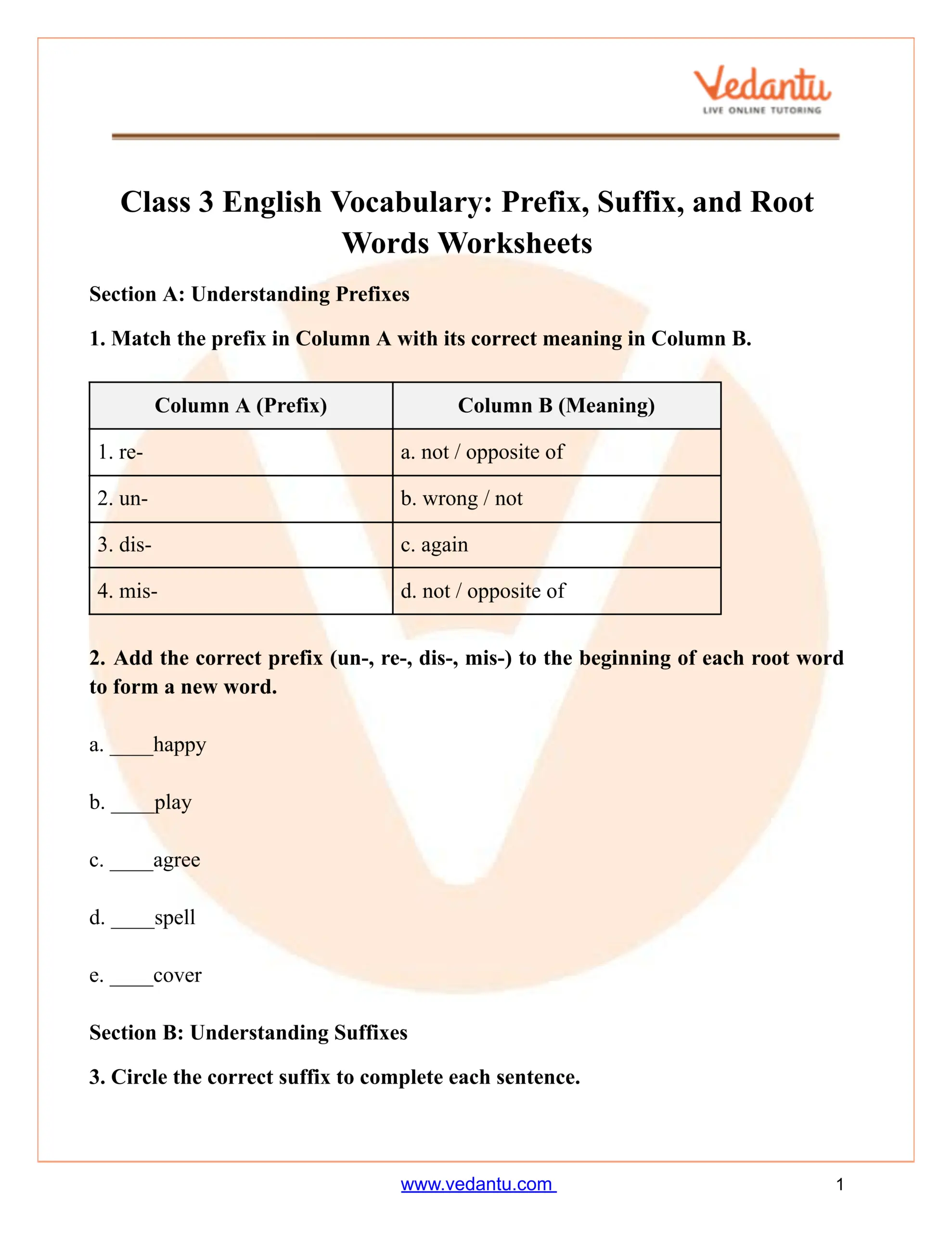 Class 3 Prefix Suffix Root Words Worksheet PDF With Answers