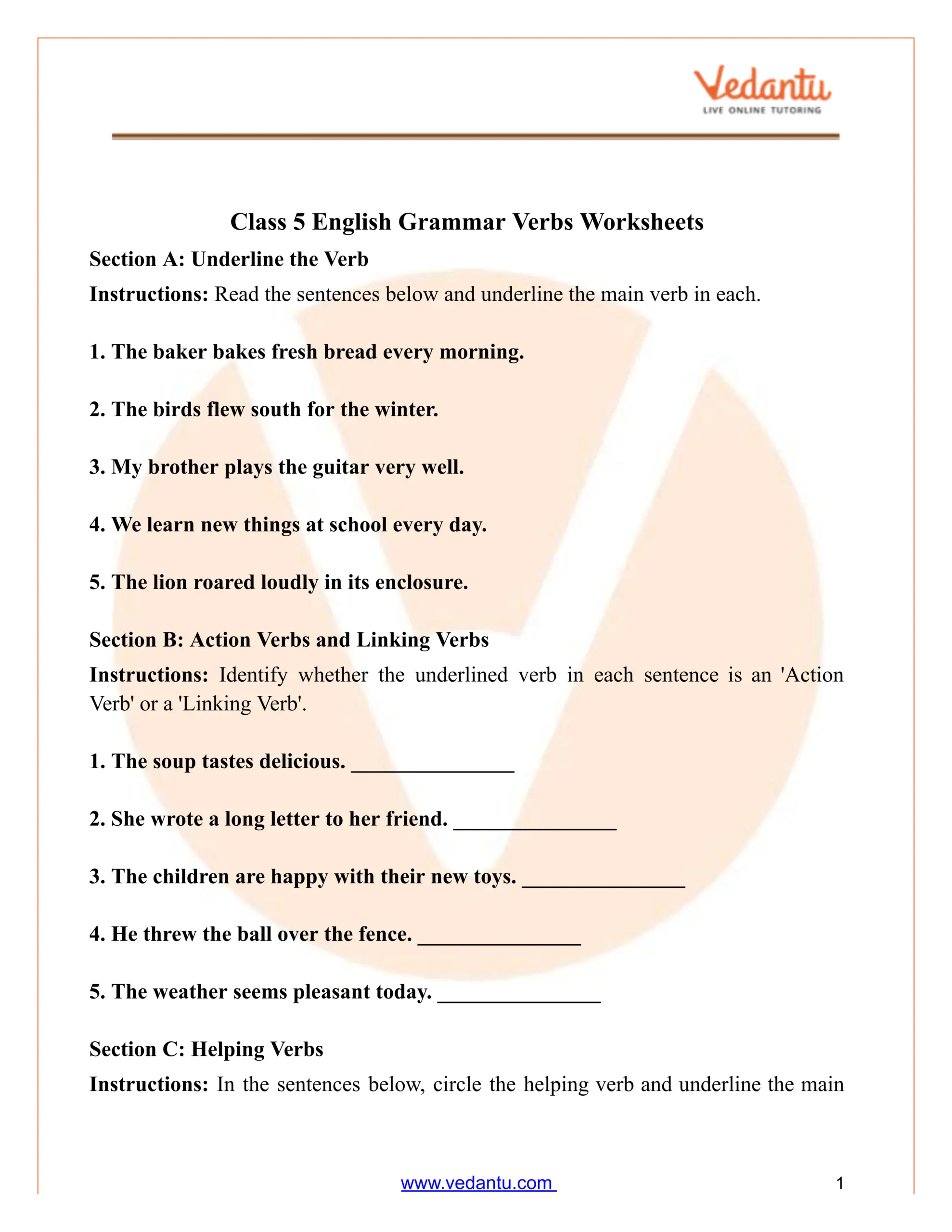 Class 5 English Grammar Verbs Worksheet PDF Free Practice Answers Free Printable Grammar Practice Worksheet