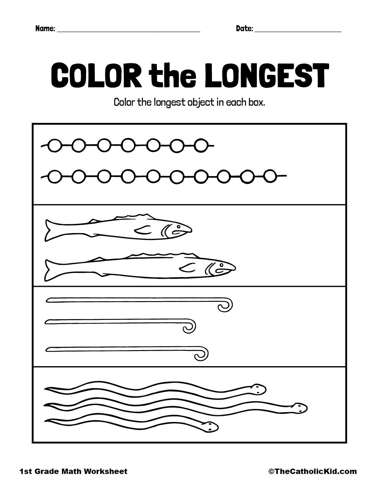 Color The Longest 1st Grade Measurement Catholic Worksheet