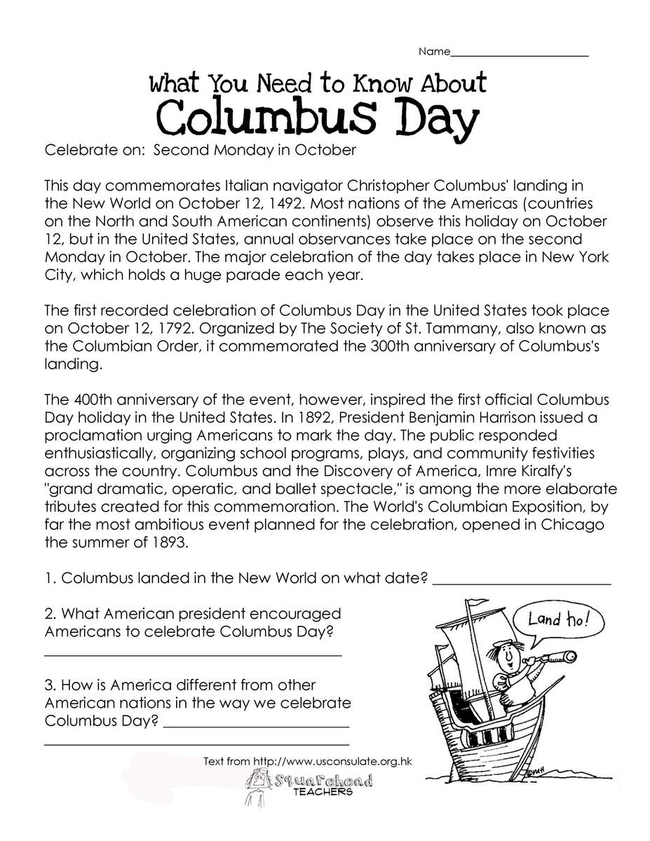 Columbus Day Free Worksheet Squarehead Teachers Worksheets Library Christopher Columbus Day Activities Columbus Day Coloring Page Crafts K 3 Made By Teachers