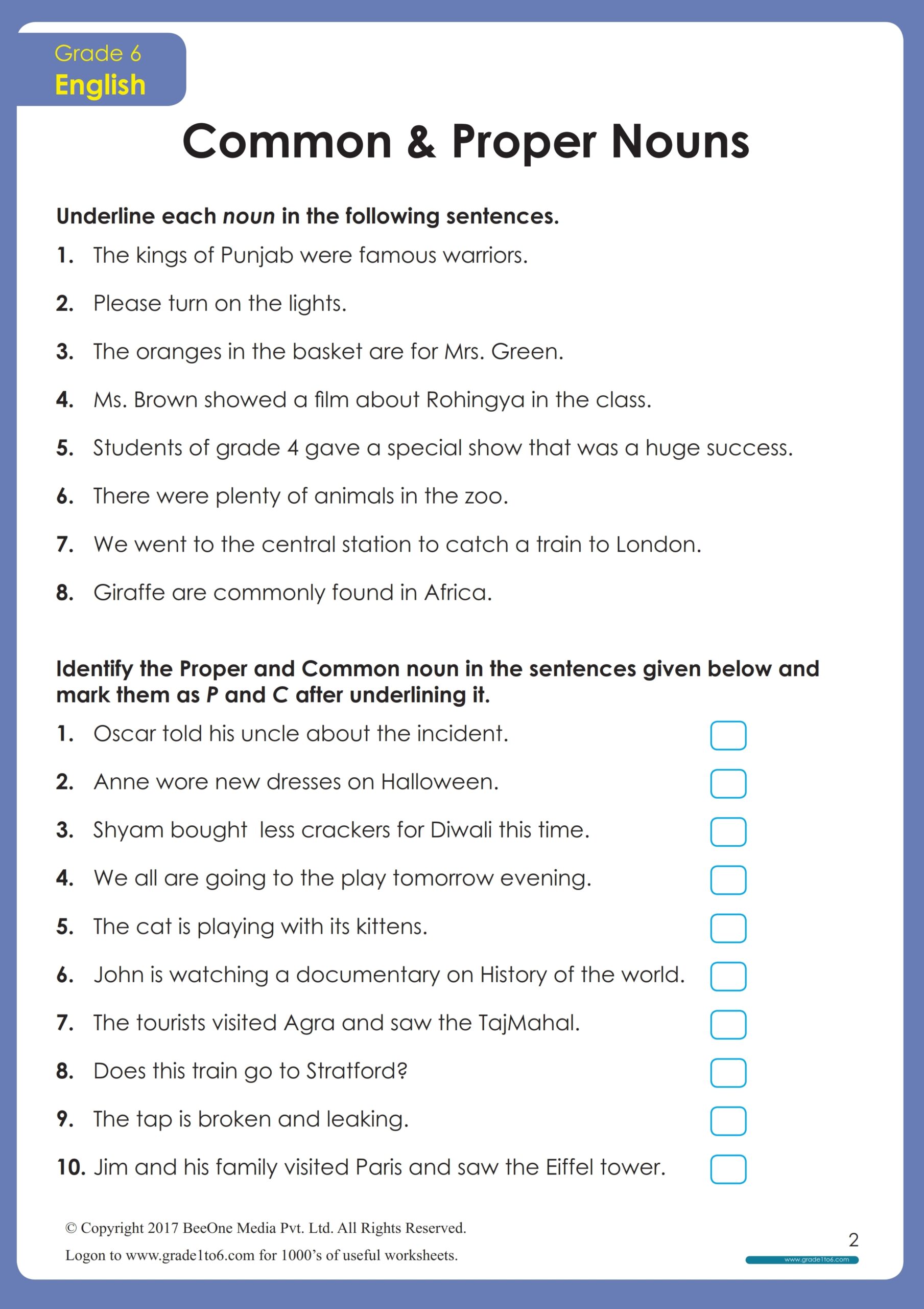 Common And Proper Nouns Worksheet Grade1to6 Nouns Worksheets Proper And Common Nouns Worksheets
