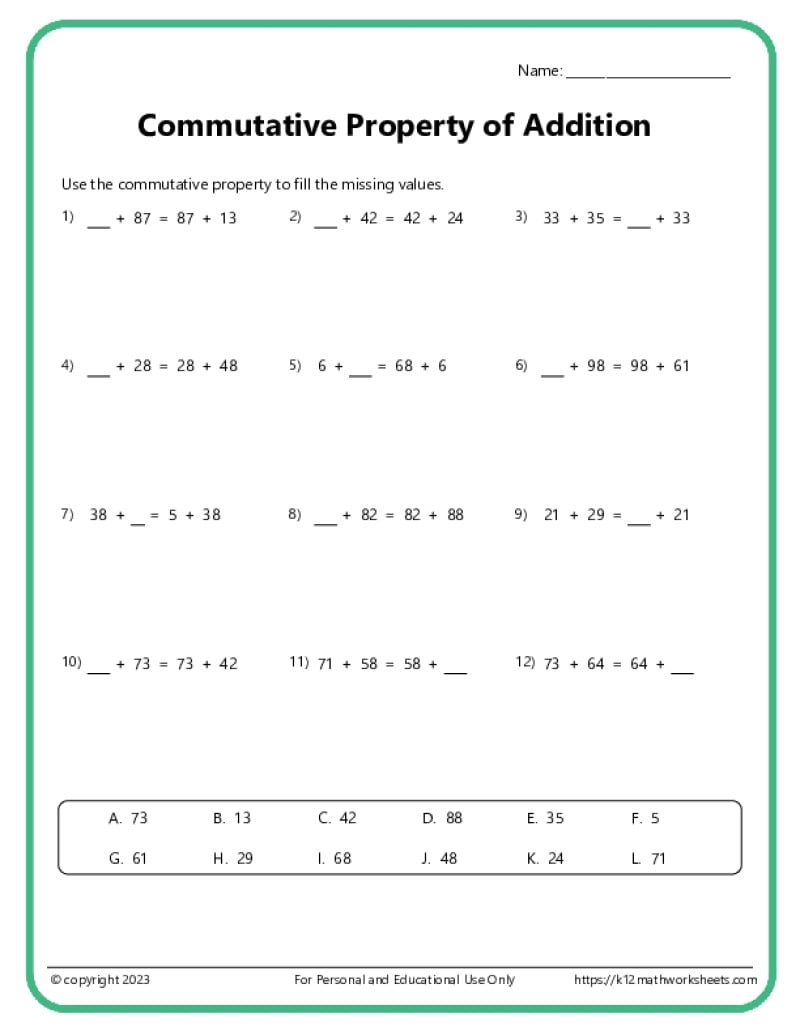 Commutative Property Of Addition Worksheets