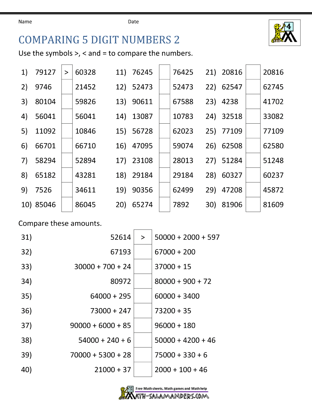Comparing And Ordering Whole Numbers Worksheets Comparing Fractions Worksheet