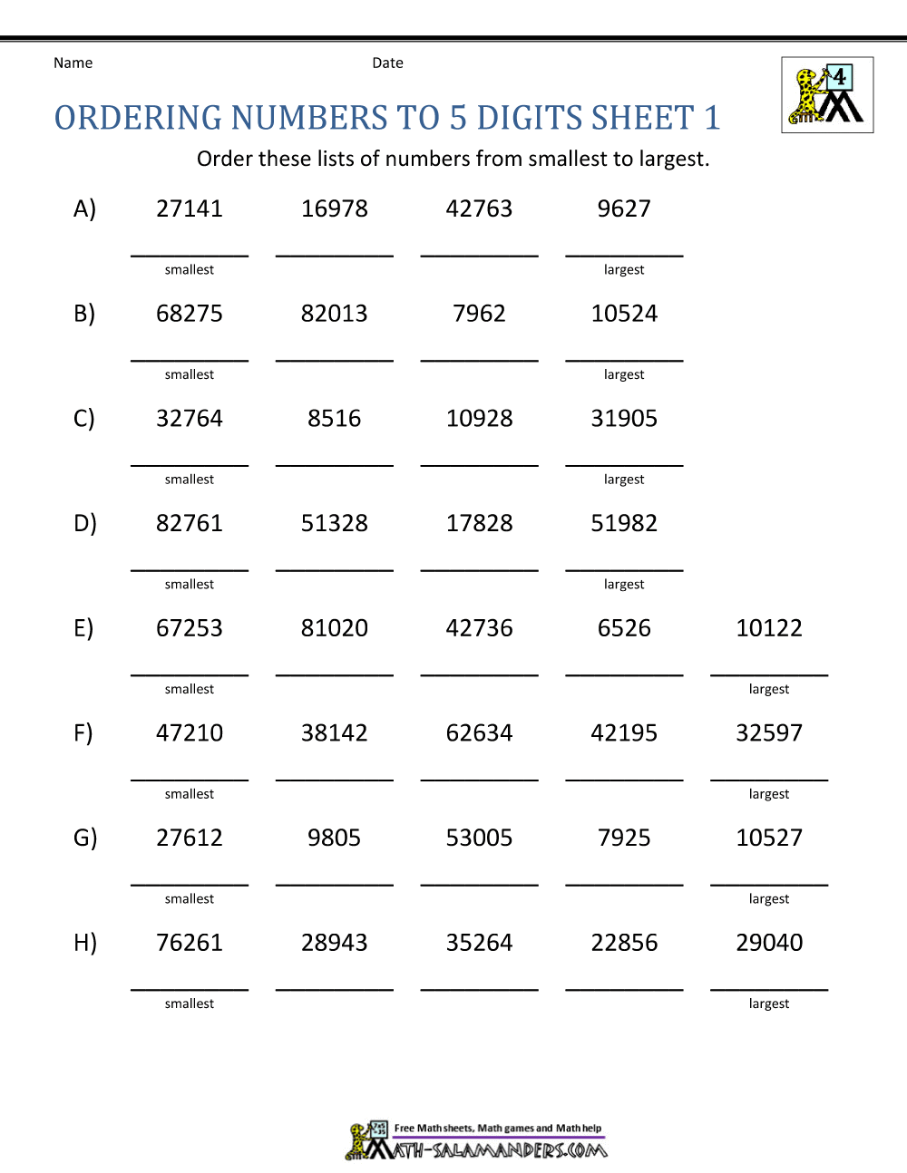 Comparing And Ordering Whole Numbers Worksheets 1st Grade Comparing And Ordering Worksheets