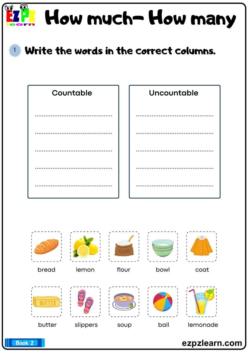 Countable And Uncountable Nouns Write The Words In The Correct Columns Grammar Worksheet Bk2 Printable Pdf Ezpzlearn Countable And Uncountable Nouns Write The Words In The Correct Columns Grammar Worksheet Bk2 Printable Pdf Ezpzlearn