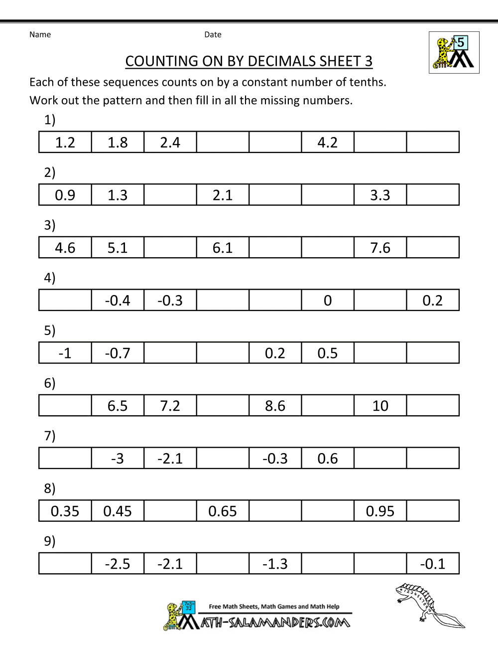Counting By Decimals Counting By Decimals