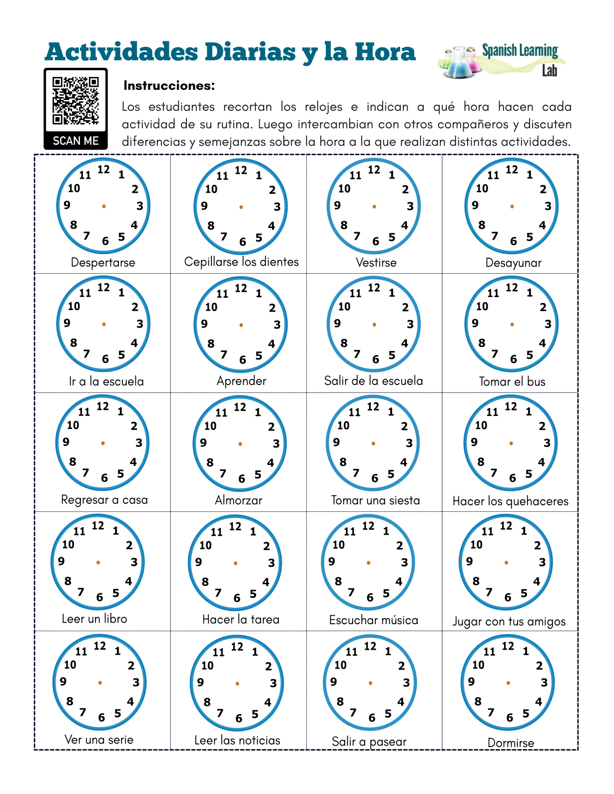 Daily Activities Time In Spanish PDF Worksheet Spanish Learning Lab Free Spanish Clock Worksheet Telling Time Practice Srta Spanish